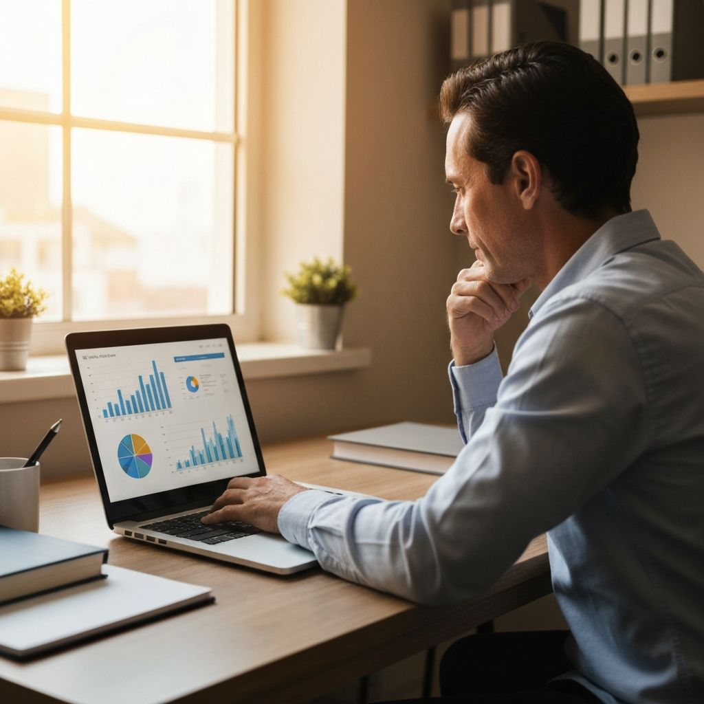 Small business owner reviewing business data on laptop